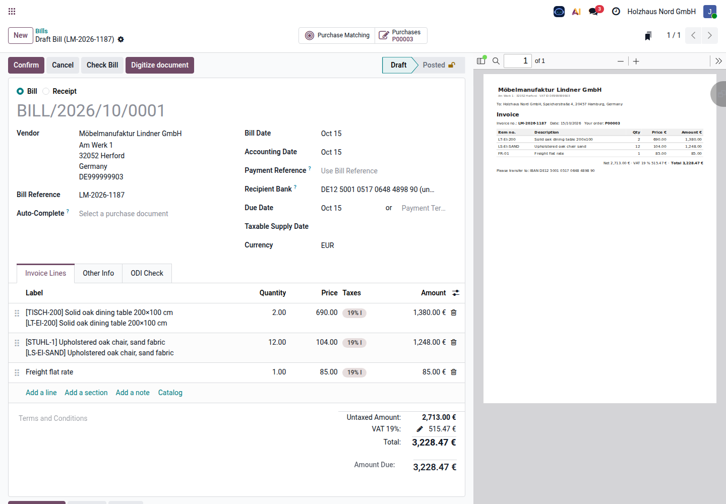 The draft vendor bill, with the PDF next to it.