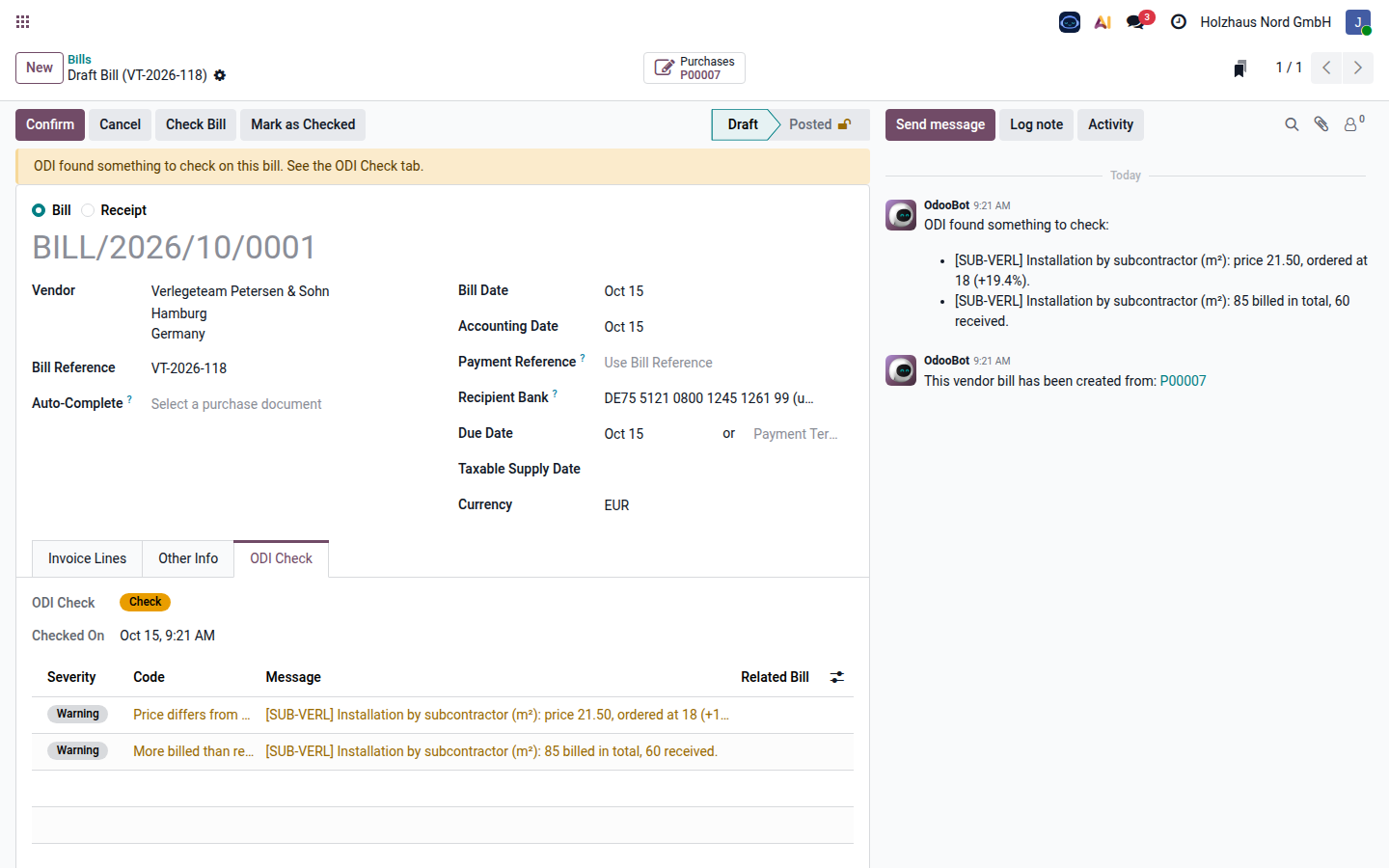 A subcontractor bill compared with the order and what was received.