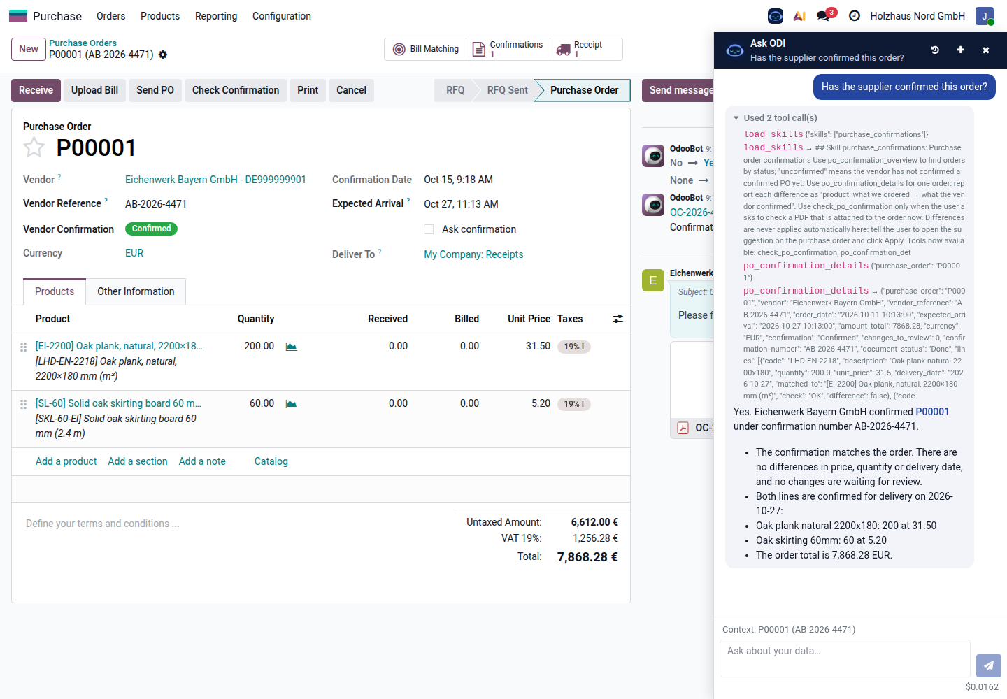 Ask ODI answering a question about the open purchase order